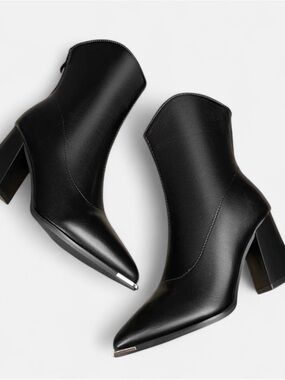 Pointed Black Ankle Booties with Metal Toe Accent - Women's